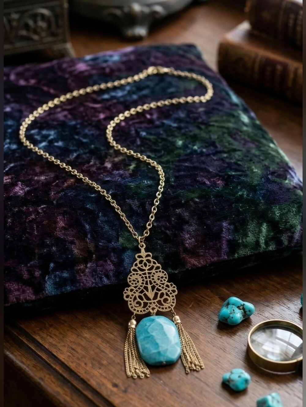 Gold Filigree Pendant Necklace with Natural Turquoise Stone